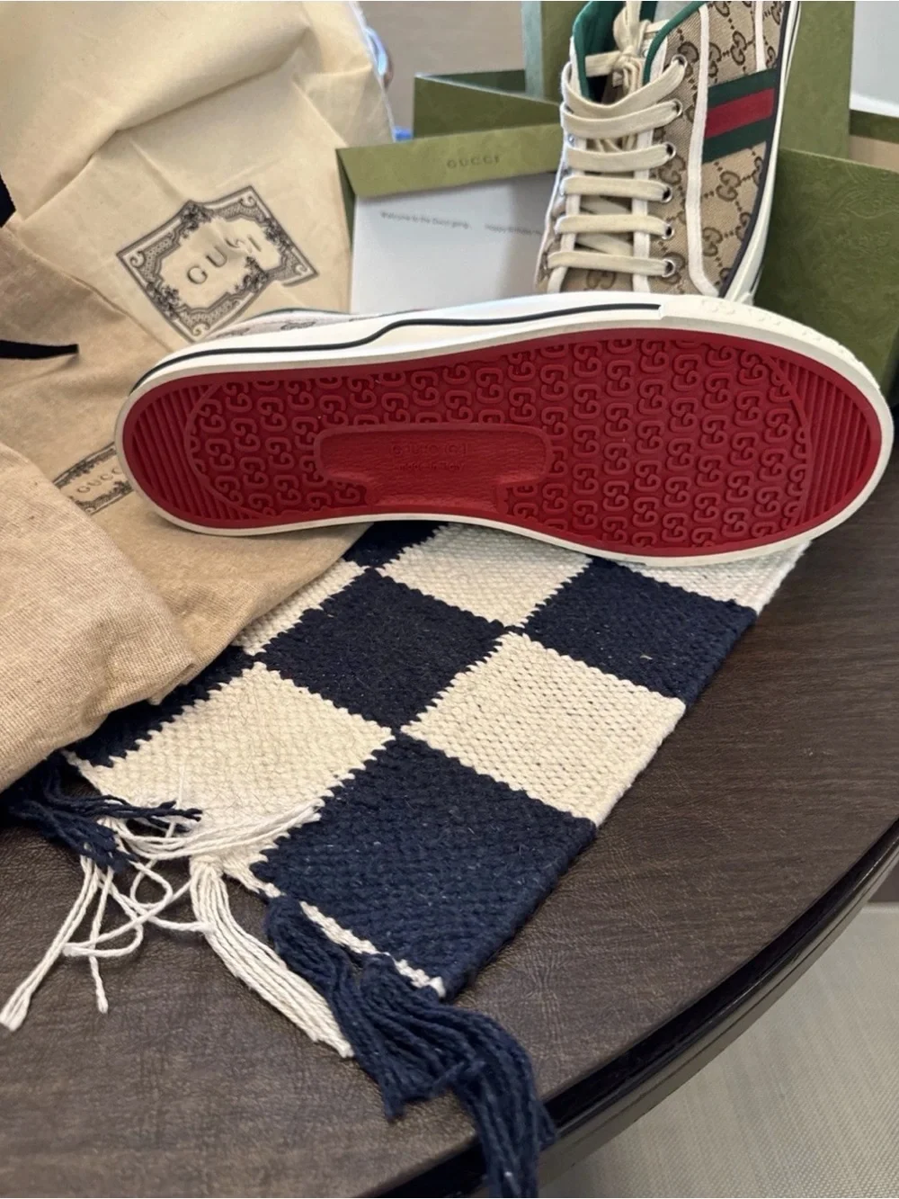 Gucci Beige GG Canvas Low-Top Sneakers with Green-Red Web Stripe